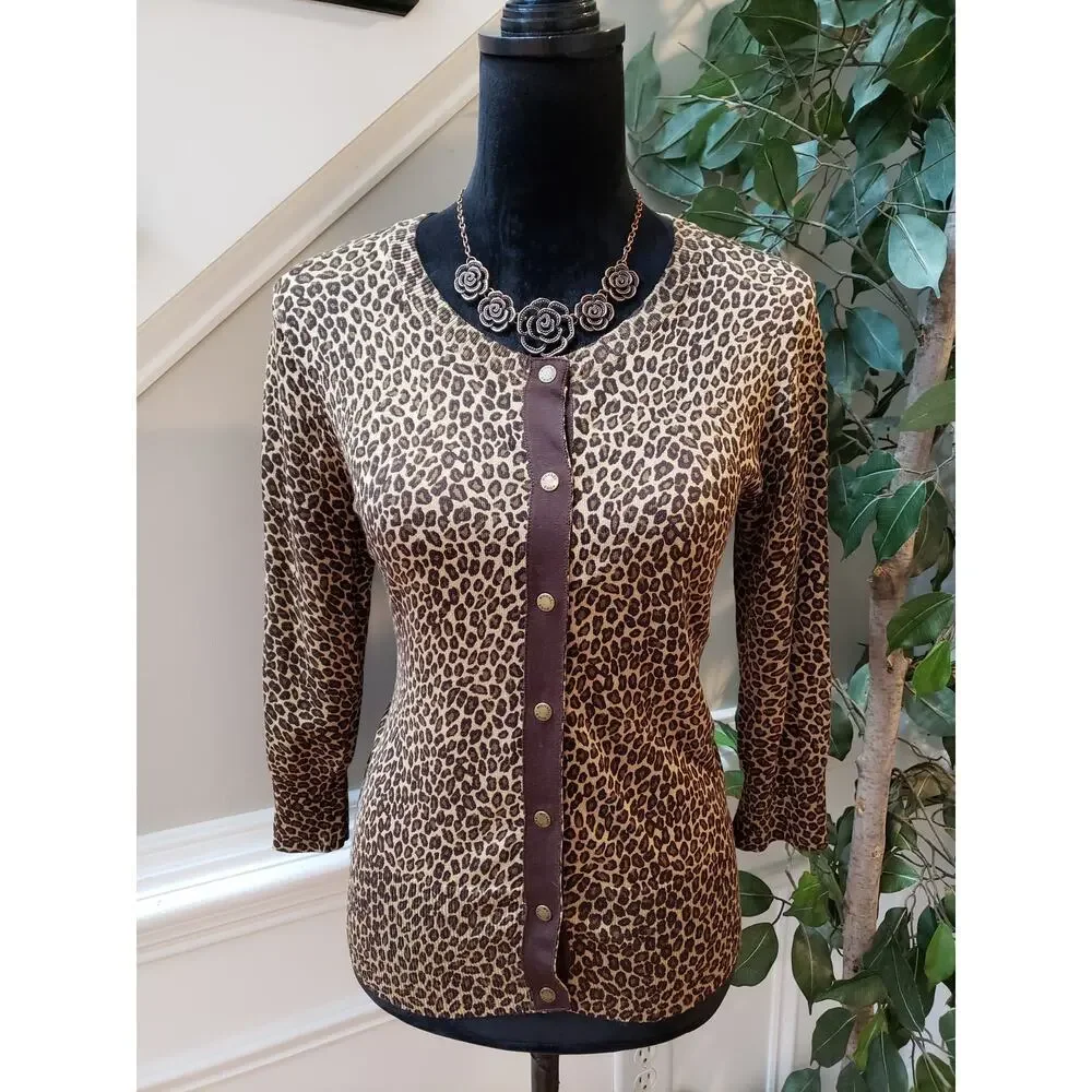 Michael Kors Cardigan Women‎ P/S Brown Leopard Print Long Sleeve Button Front